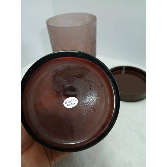 ​Pair Elements Mauve Frosted Etched Floral Glass Candle Holders Wood Base - Picture 6 of 6